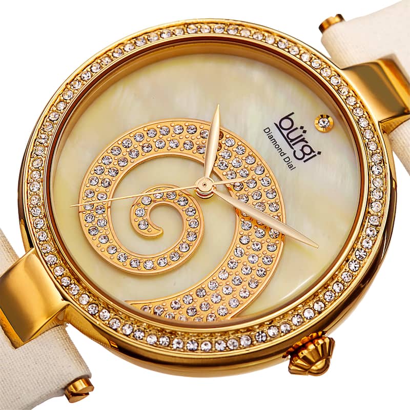 Burgi Women's Quartz Diamond Crystal Leather Strap Watch