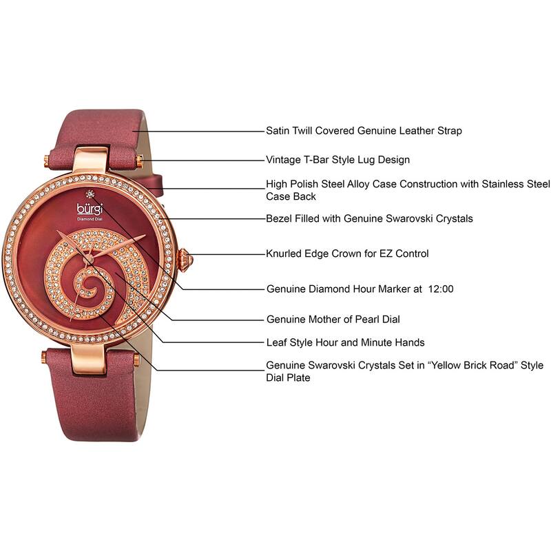 Burgi Women's Quartz Diamond Crystal Leather Strap Watch - Red