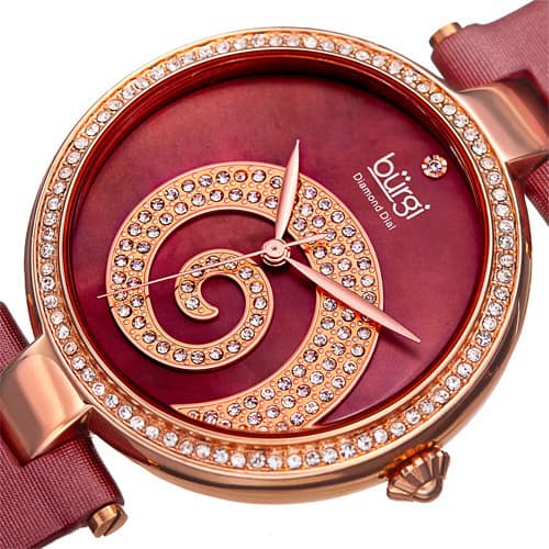 Burgi Women's Quartz Diamond Crystal Leather Strap Watch - Red