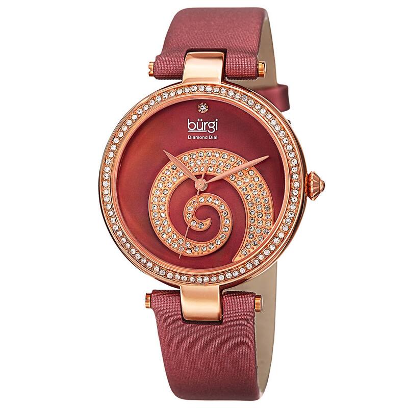 Burgi Women's Quartz Diamond Crystal Leather Strap Watch - Red