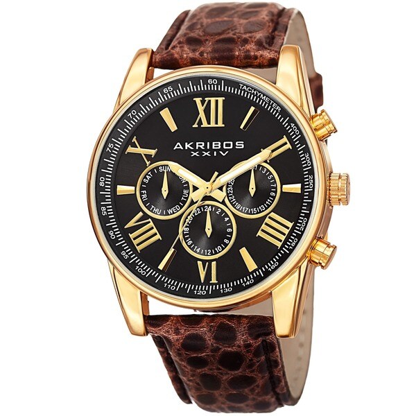 Akribos XXIV Men's Swiss Quartz Multifunction Dual Time Leather Gold-Tone Strap Watch