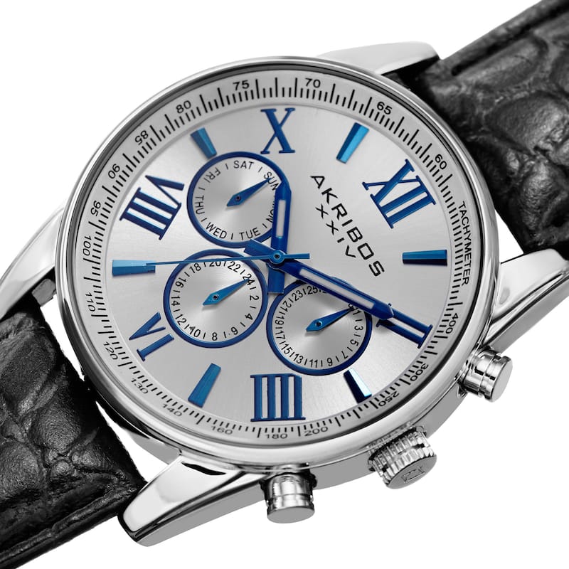 Akribos XXIV Men's Swiss Quartz Multifunction Dual Time Leather Silver-Tone Strap Watch - silver