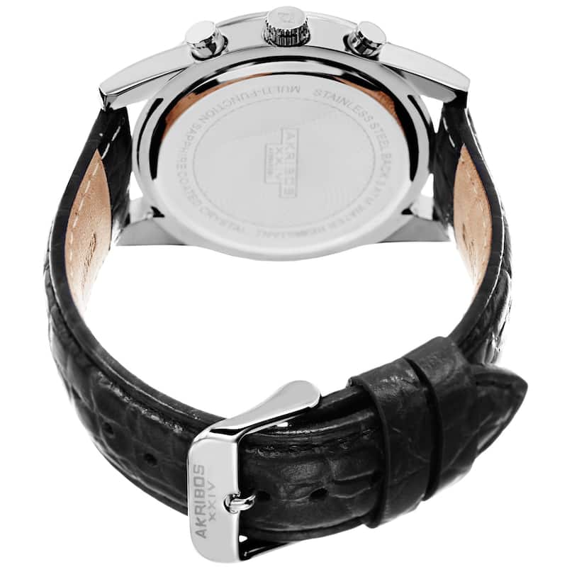Akribos XXIV Men's Swiss Quartz Multifunction Dual Time Leather Silver-Tone Strap Watch - silver