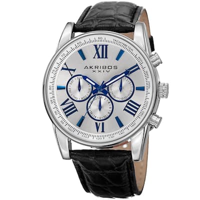 Akribos XXIV Men's Swiss Quartz Multifunction Dual Time Leather Silver-Tone Strap Watch - silver