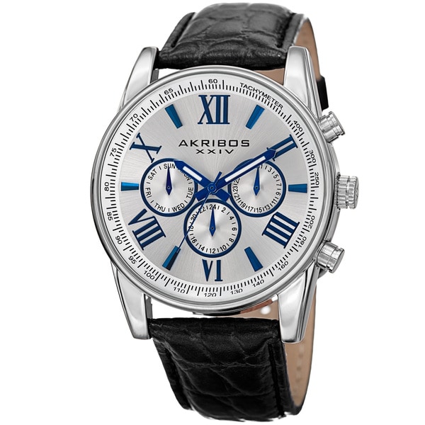Akribos XXIV Men's Swiss Quartz Multifunction Dual Time Leather Silver-Tone Strap Watch - silver