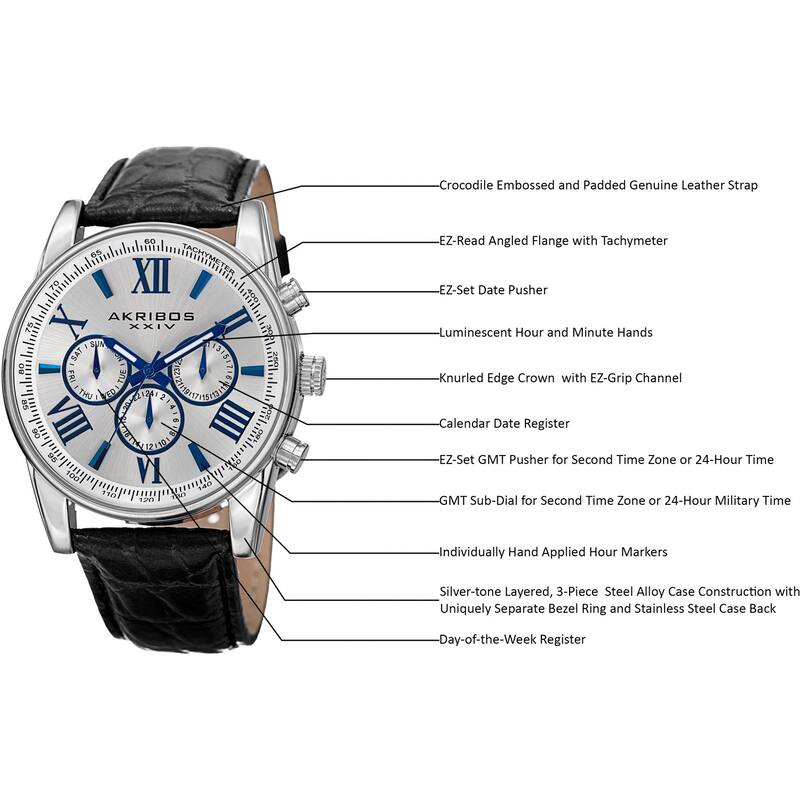 Akribos XXIV Men's Swiss Quartz Multifunction Dual Time Leather Silver-Tone Strap Watch - silver