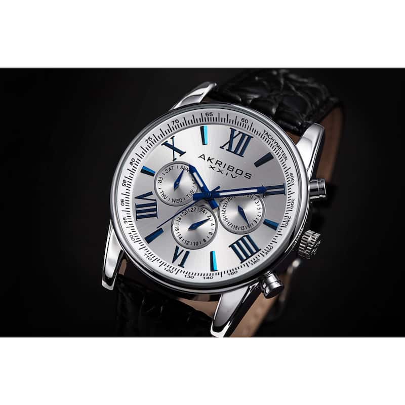 Akribos XXIV Men's Swiss Quartz Multifunction Dual Time Leather Silver-Tone Strap Watch - silver
