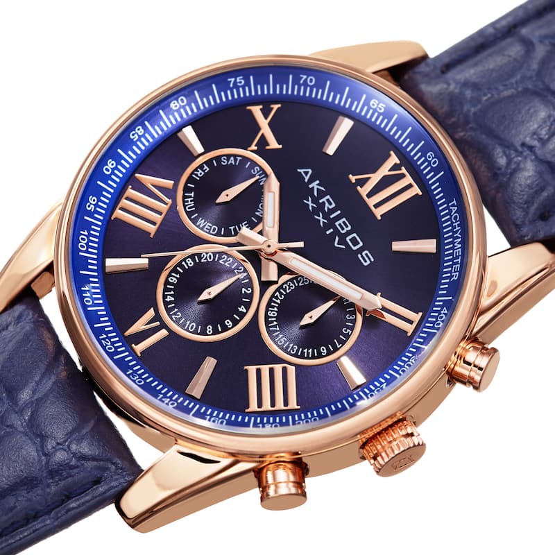 Akribos XXIV Men's Swiss Quartz Multifunction Dual Time Leather Rose-Tone Strap Watch - Blue