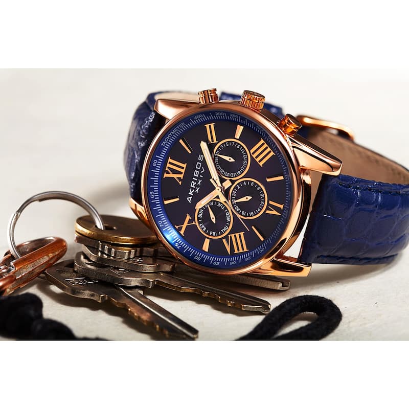 Akribos XXIV Men's Swiss Quartz Multifunction Dual Time Leather Rose-Tone Strap Watch - Blue