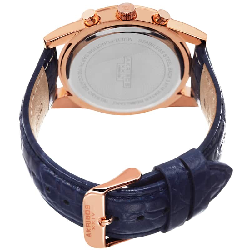 Akribos XXIV Men's Swiss Quartz Multifunction Dual Time Leather Rose-Tone Strap Watch - Blue