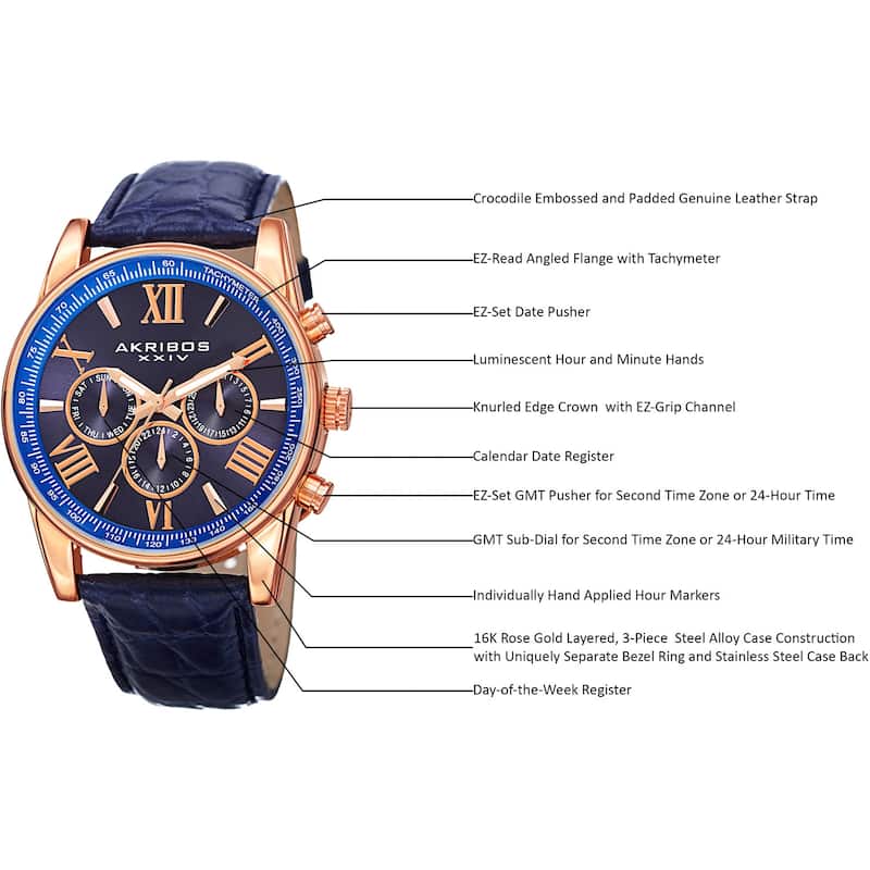 Akribos XXIV Men's Swiss Quartz Multifunction Dual Time Leather Rose-Tone Strap Watch - Blue