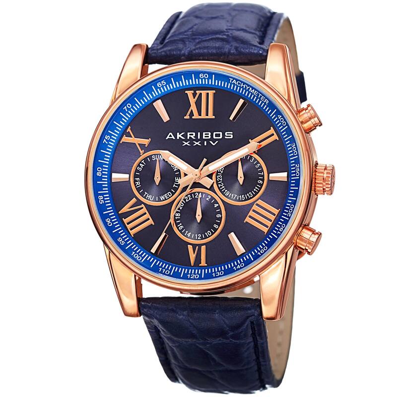 Akribos XXIV Men's Swiss Quartz Multifunction Dual Time Leather Rose-Tone Strap Watch - Blue
