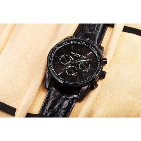 Akribos XXIV Men's Swiss Quartz Multifunction Dual Time Leather Black Strap Watch