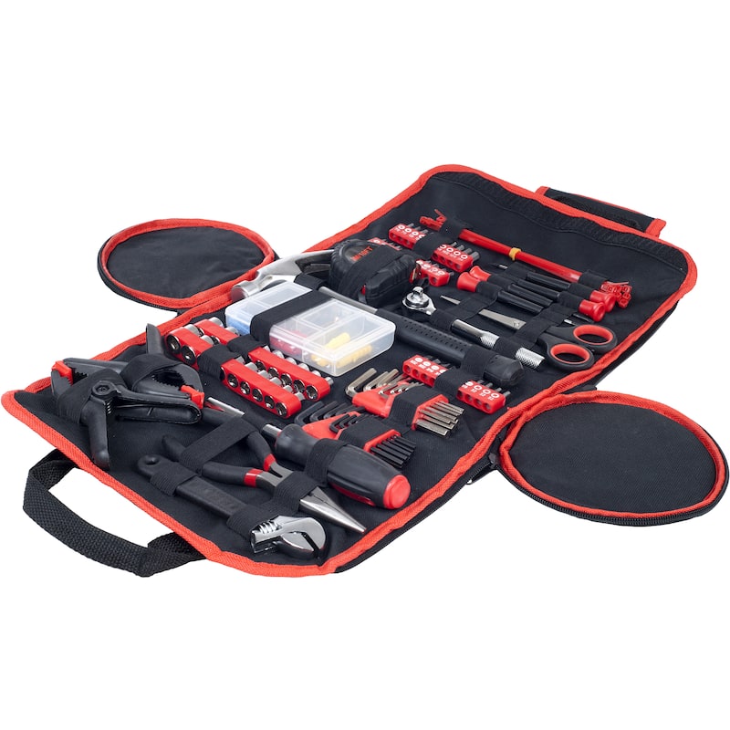 Stalwart 86-Piece Household Hand Tool Set - Kit with Screwdrivers, Pliers, Wrenches, and More - Includes Roll-Up Bag - Red/Black