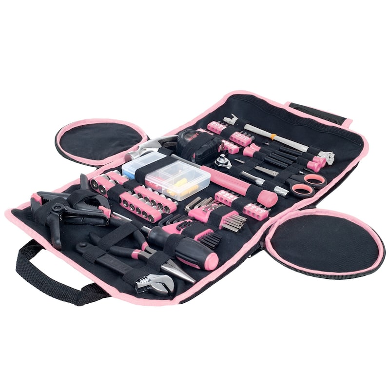 Stalwart 86-Piece Household Hand Tool Set - Kit with Screwdrivers, Pliers, Wrenches, and More - Includes Roll-Up Bag - Black/Pink