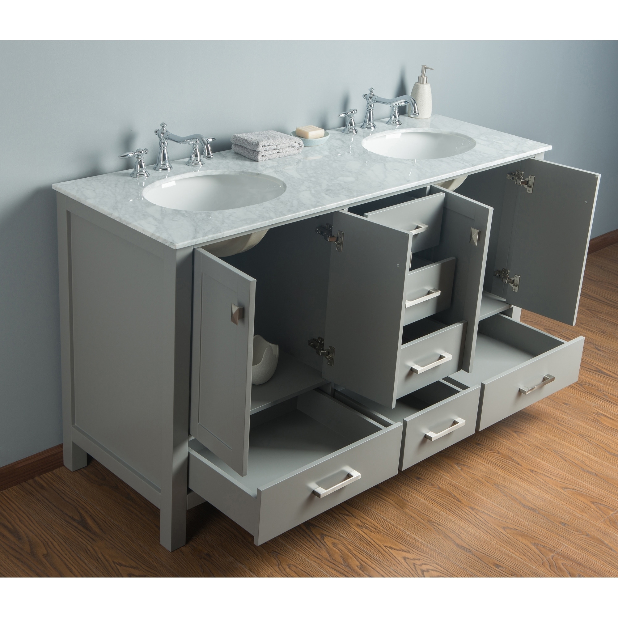 Stufurhome 60 Inch Malibu Grey Double Sink Bathroom Vanity
