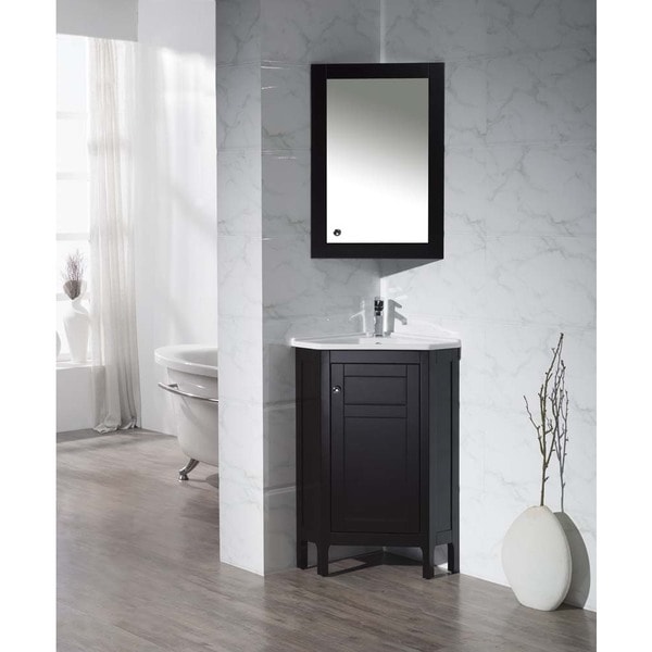 Shop Stufurhome Clarkson Espresso 24 25 Inch Corner Bathroom Vanity With Mirrored Medicine Cabinet Overstock 10585165