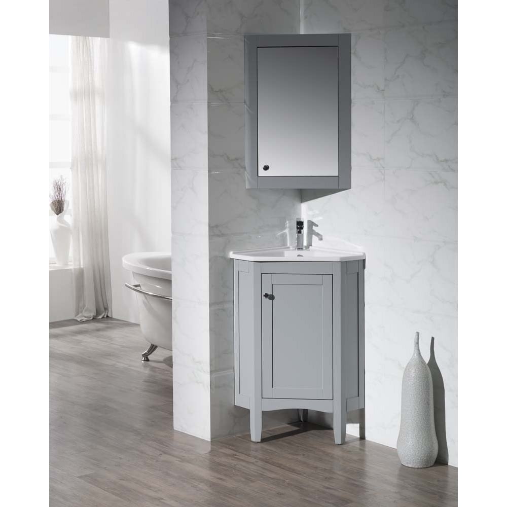 Shop Black Friday Deals On Stufurhome Monte Grey 25 Inch Corner Bathroom Vanity With Mirrored Medicine Cabinet Overstock 10585167