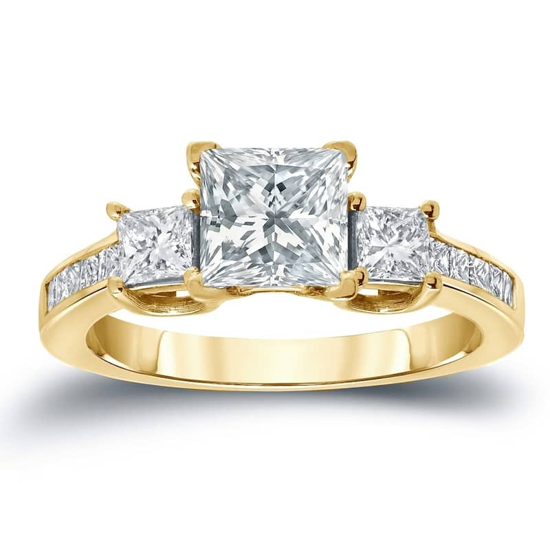 Auriya Three Stone 2ctw Princess-Cut Diamond Engagement Ring 14k Gold Certified - 4 - Yellow