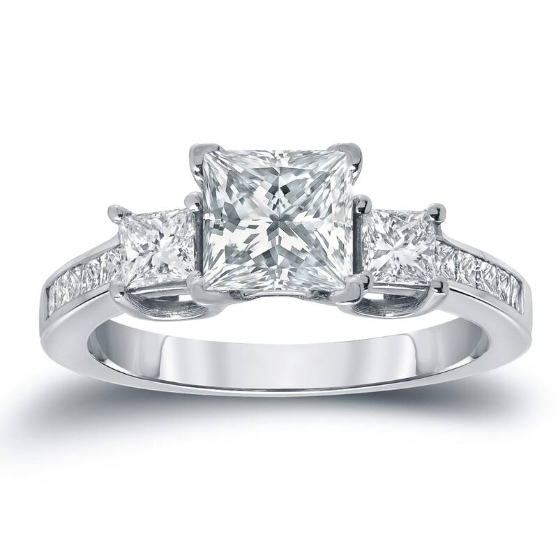 Auriya Three Stone 2ctw Princess-Cut Diamond Engagement Ring 14k Gold Certified - 4 - White
