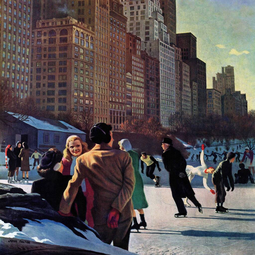 Marmont Hill - Skaters in Central Park by John Falter Painting Print on Canvas - Multi-Color