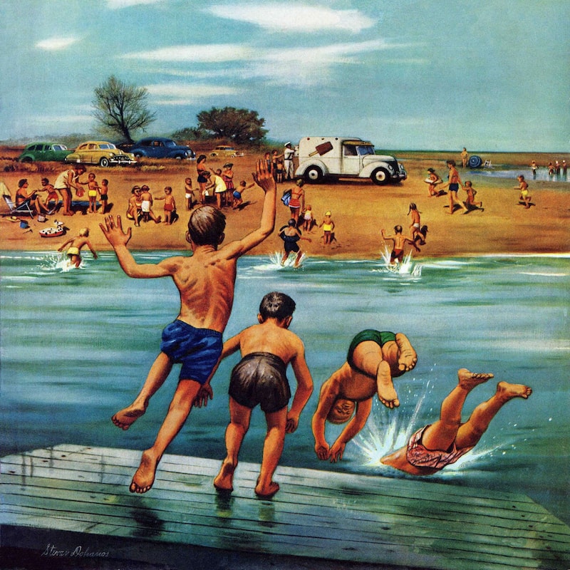 Marmont Hill - Ice Cream Truck at the Beach by Stevan Dohanos Painting Print on Canvas - Multi-Color