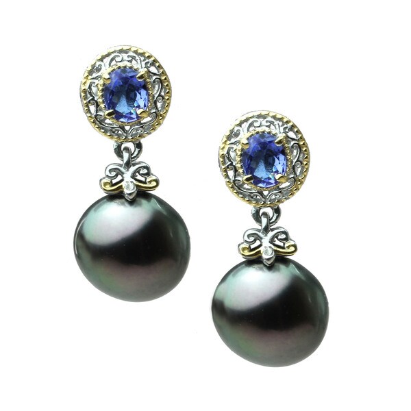 Michael Valitutti Pall. Silver Tahitian Pearl & Tanzanite dangle Earrings (10mm)