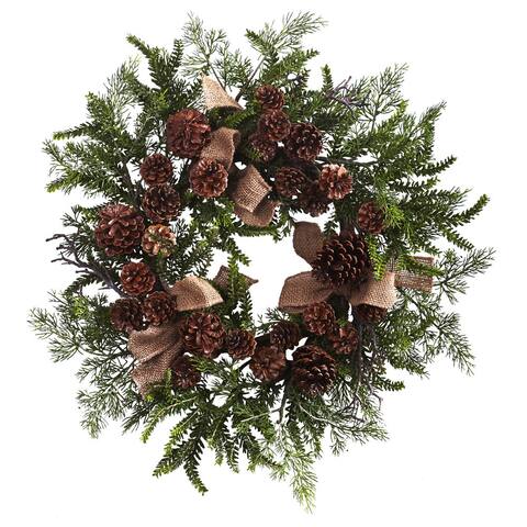 Nearly Natural Home Decorative 24" Pine & Pine Cone Artificial Faux Wreath with Burlap Bows
