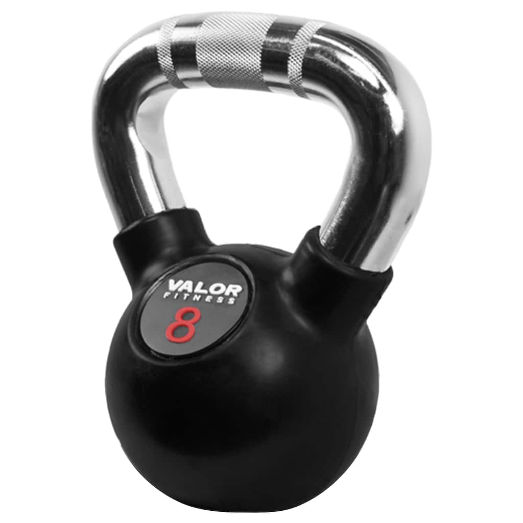 Valor Fitness CKB Rubber Coated Kettlebell Weights with Knurled Chrome Handles for Strength and Conditioning, 8-70lbs