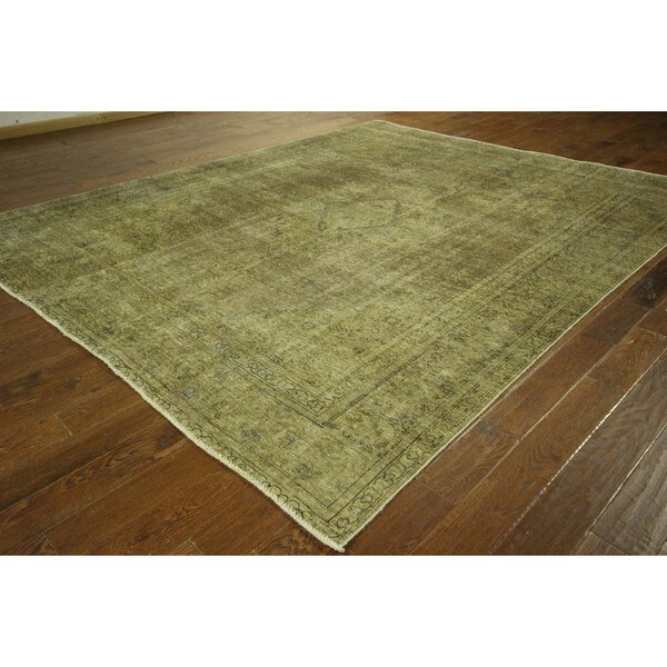 Oriental Floral Olive Green Overdyed Hand-knotted Wool Area Rug (9' x