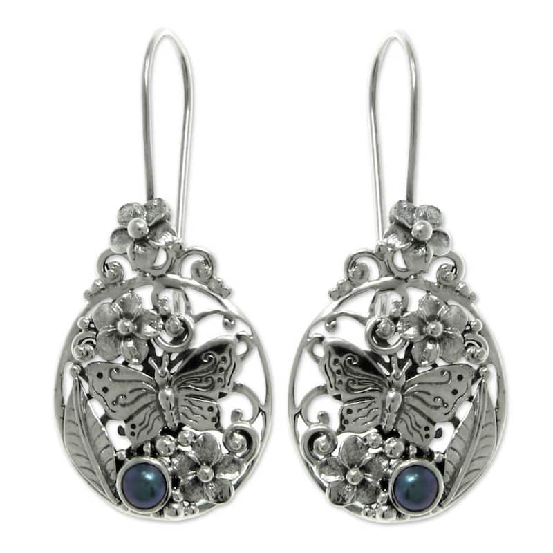 NOVICA Handmade Silver Frangipani Butterfly Pearl Earrings (Indonesia) - 4-4.5 MM - Blue - White