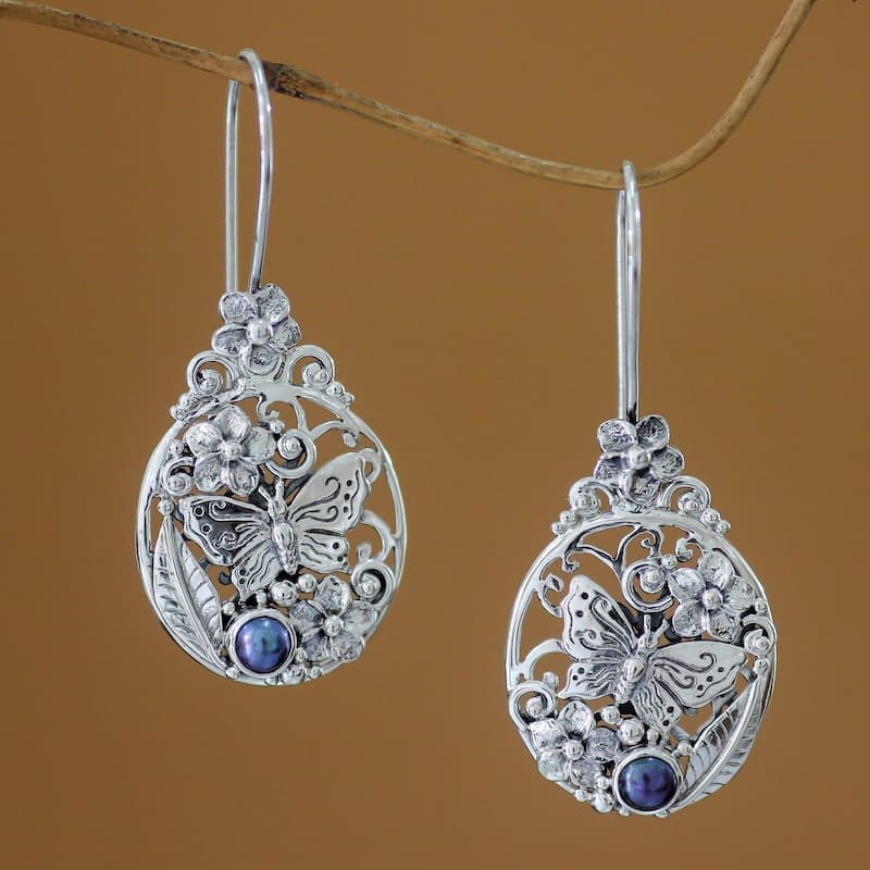 NOVICA Handmade Silver Frangipani Butterfly Pearl Earrings (Indonesia)