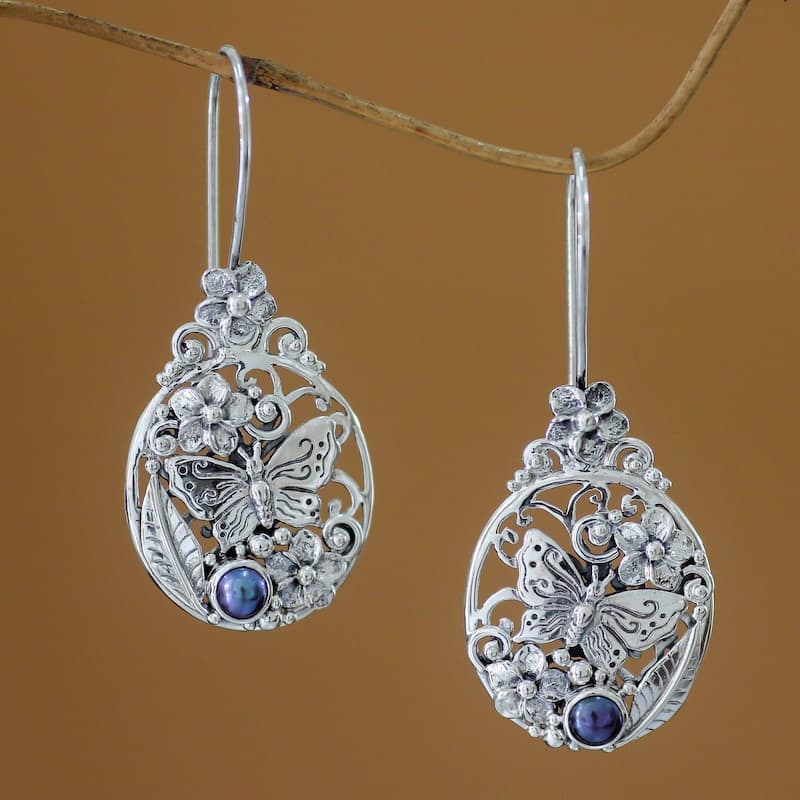 NOVICA Handmade Silver Frangipani Butterfly Pearl Earrings (Indonesia)