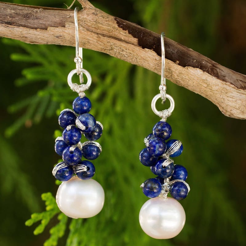 Handmade Sterling Silver 'Blue Sonata' Lapis Pearl Earrings (9 mm) (Thailand) - 1.8L*0.4W