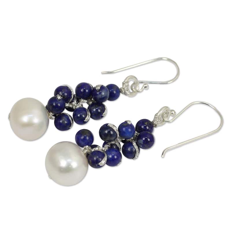 Handmade Sterling Silver 'Blue Sonata' Lapis Pearl Earrings (9 mm) (Thailand) - 1.8L*0.4W