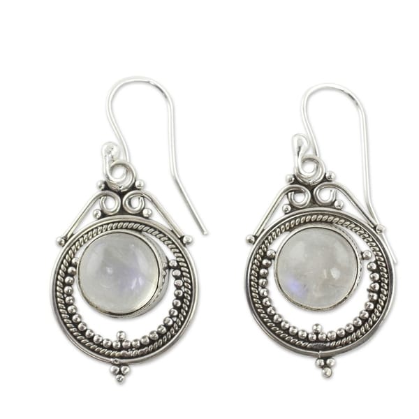 NOVICA Handmade Sterling Silver 'Mumbai Moons' Moonstone Earrings (India). Opens flyout.