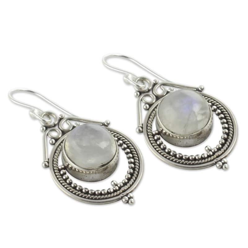 NOVICA Handmade Sterling Silver 'Mumbai Moons' Moonstone Earrings (India) - 1.3*0.7