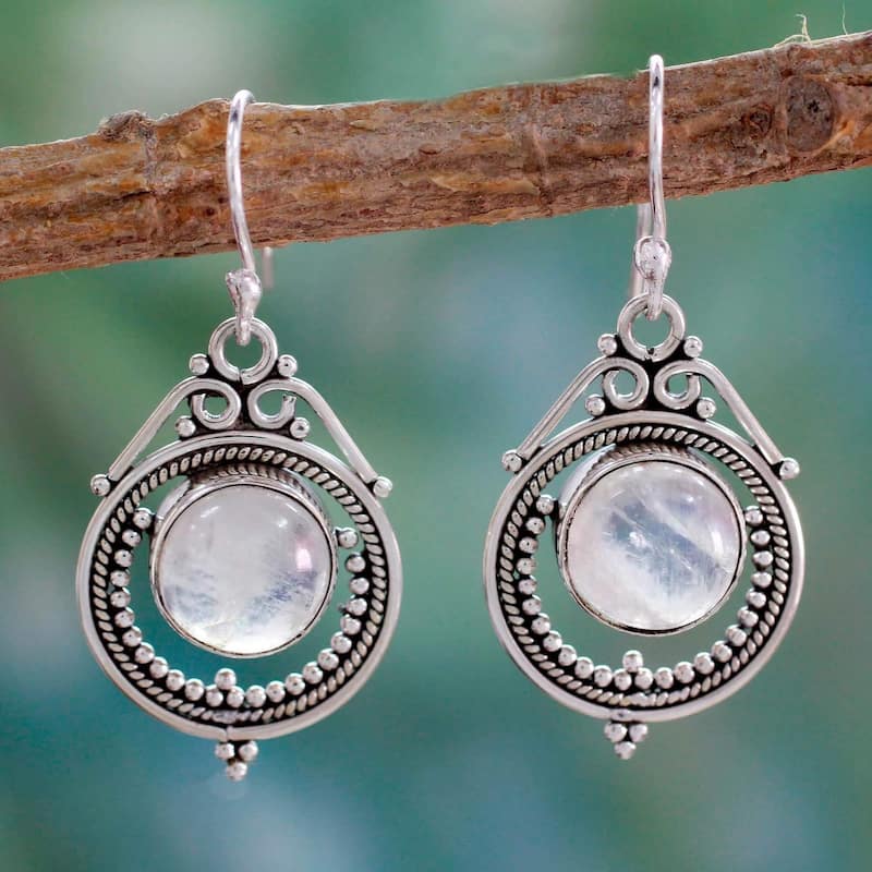 NOVICA Handmade Sterling Silver 'Mumbai Moons' Moonstone Earrings (India) - 1.3*0.7