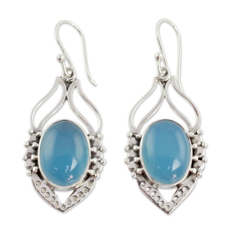 NOVICA Handmade Passion Leaf Sterling Sterling Silver Dangle Earrings (India) - Blue - Blue - Chalcedony - White