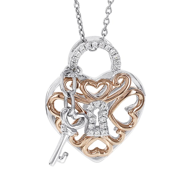 Sterling Silver TwoTone 1/8ct Diamond Heart Lock and Key Necklace
