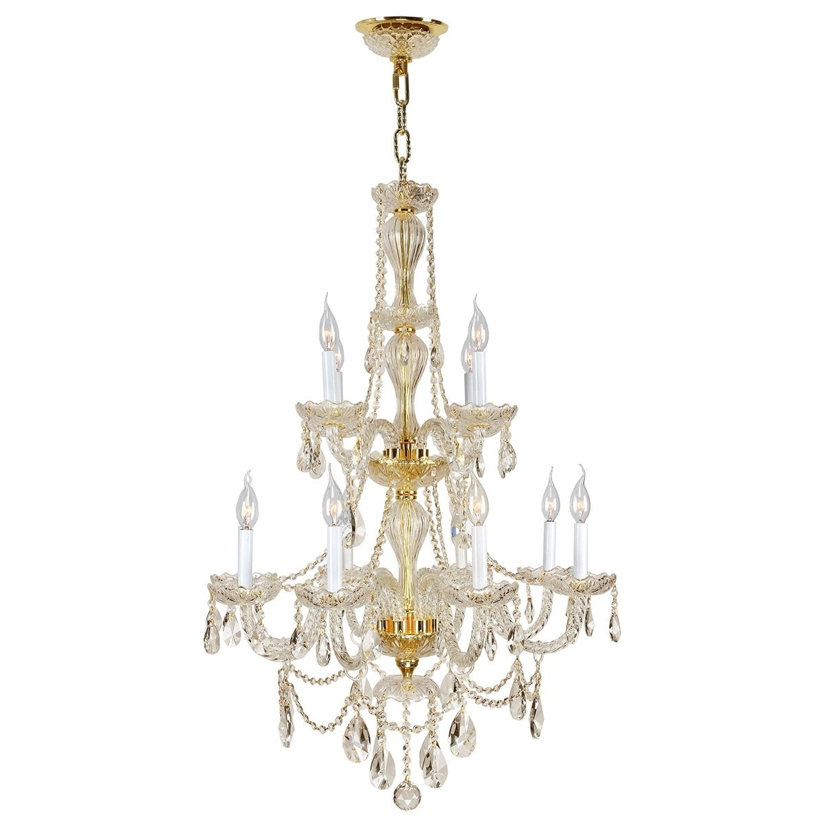 Venetian Italian Style 12 Light Gold Finish and Golden Teak Crystal Chandelier 28" x 41" Two 2 Tier (12 Light Chandelier) - Chandeliers For Bedrooms by Overstock.com
