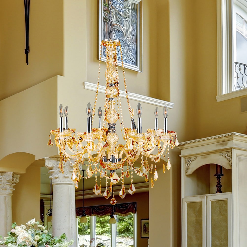 Venetian Collection 8 Light Chrome Finish and Amber Crystal Chandelier 28" x 34" (8 Light Chandelier) - Chandeliers For Bedrooms by Overstock.com