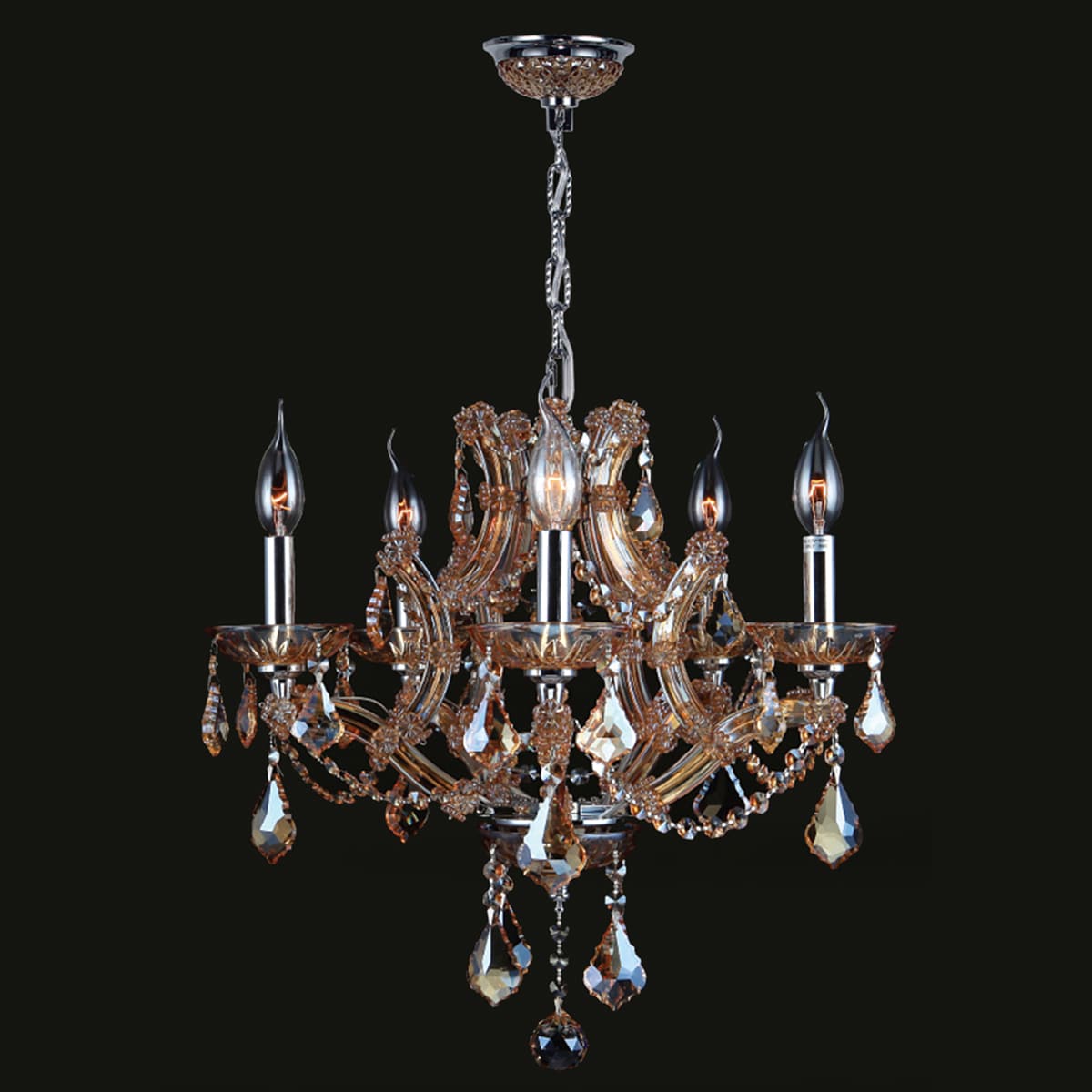 Maria Theresa Collection 5 Light Chrome Finish and Amber Crystal Chandelier 19" x 18" (5 Light Chandelier) - Chandeliers For Bedrooms by Overstock.com