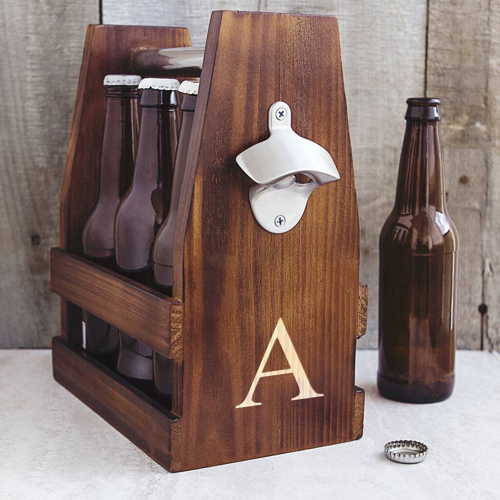 Personalized Rustic Craft Beer Carrier with Bottle Opener