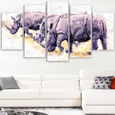 Design Art "Walking Rhinos" Canvas Art Print - 60Wx32H Inches - 5 Panels