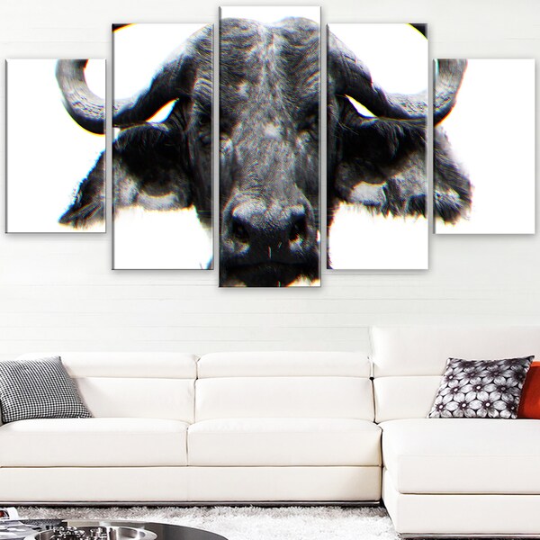 Design Art 'Stare of the Bull' Canvas Art Print - 60Wx32H Inches - 5 ...