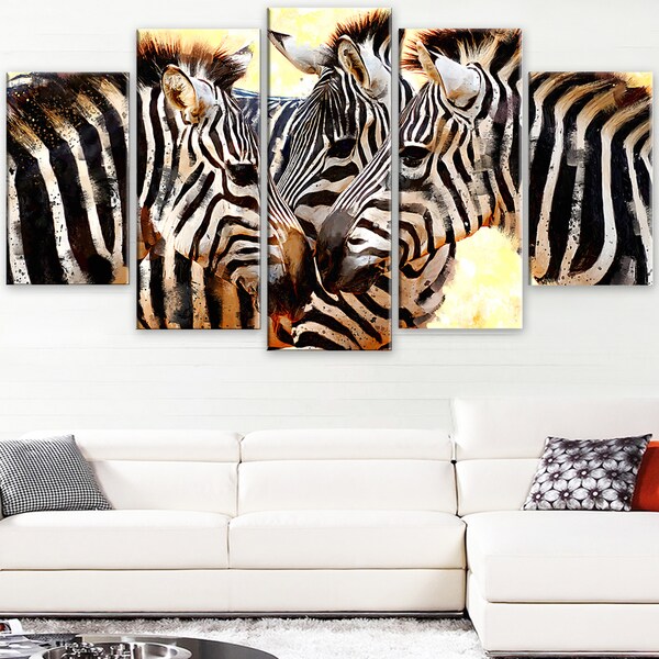 Design Art 'Zebra Trio' Canvas Art Print 60Wx32H Inches 5 Panels