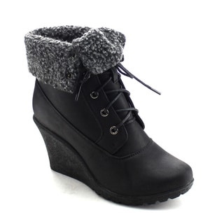 DAVICCINO AA23 Women's Lace Up Fold Over Collar Wedge Heel Ankle Booties