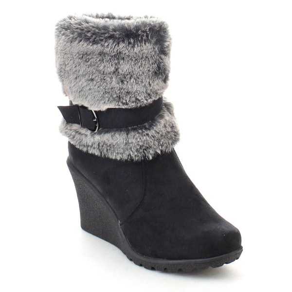 DAVICCINO AA25 Womens Faux Fur Lug Sole Side Zipper Wedge Heel Ankle