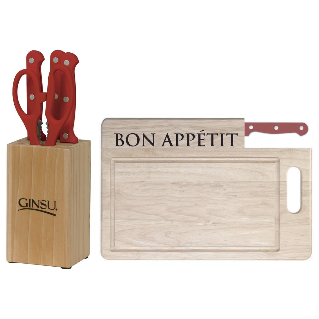 Ginsu Essential Series 7-Piece Red Stainless Steel Serrated Knife Set and Cutting Board Combo
